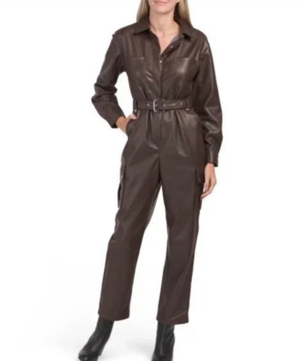 7 For All Mankind Faux Leather Brown Belted Cargo Jumpsuit Utility Romper Large